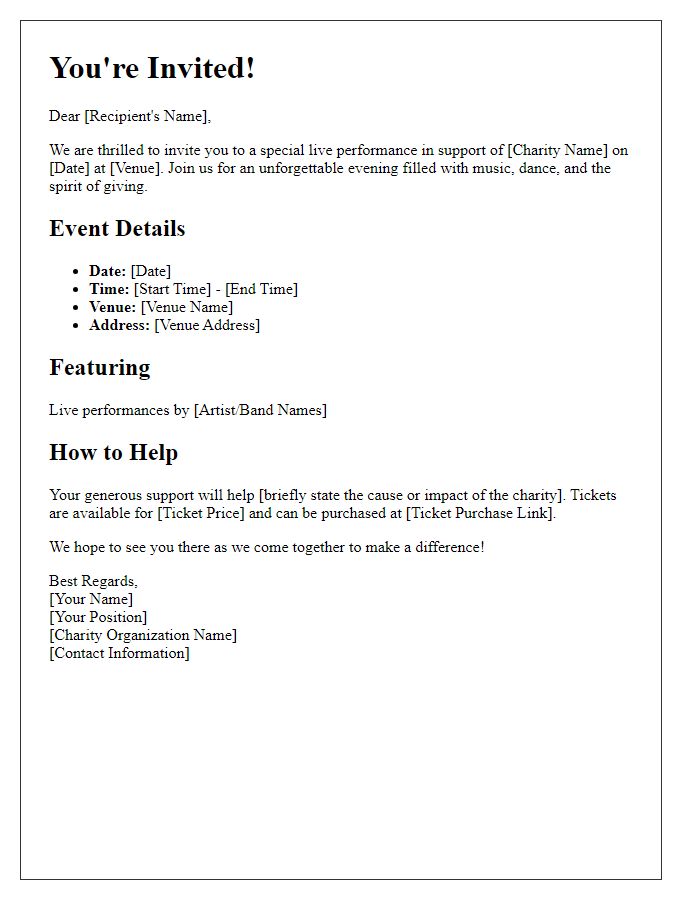 Letter template of live performance invitation for charity events.