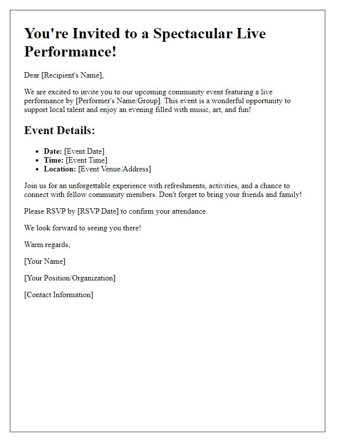 Letter template of live performance invitation for community events.