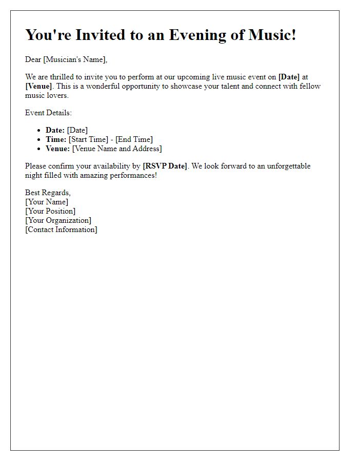 Letter template of live performance invitation for musicians.