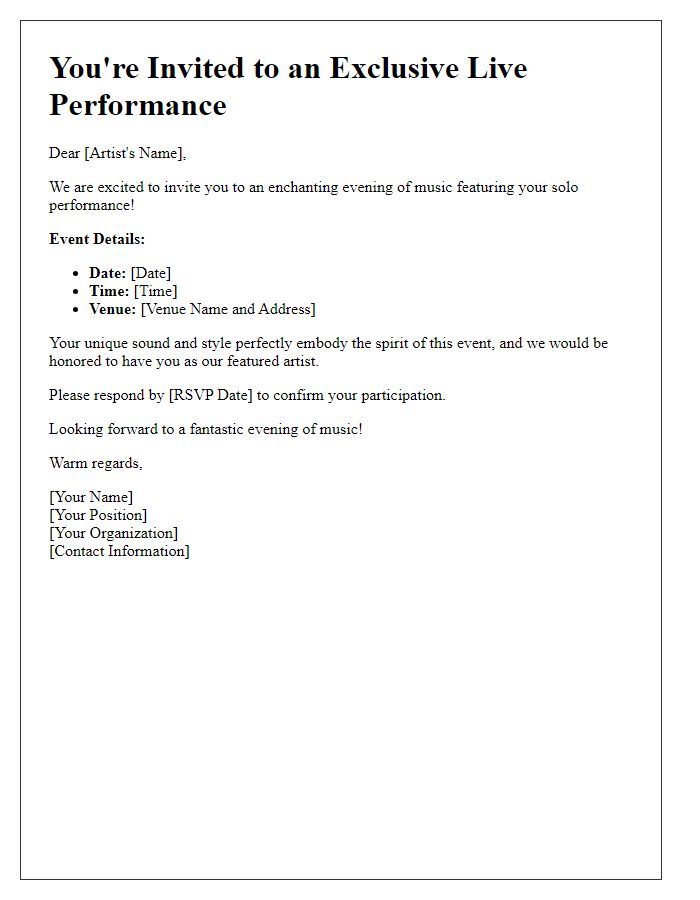 Letter template of live performance invitation for solo artists.