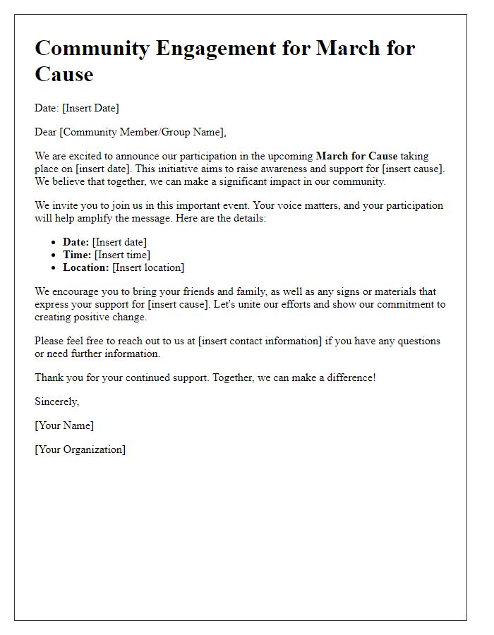 Letter template of community engagement for March for Cause