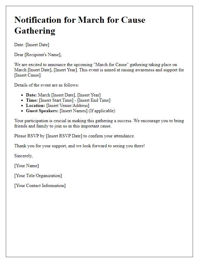 Letter template of notification for March for Cause gathering