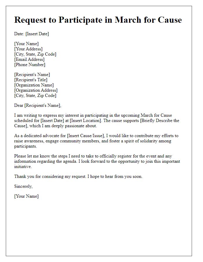 Letter template of request to participate in March for Cause