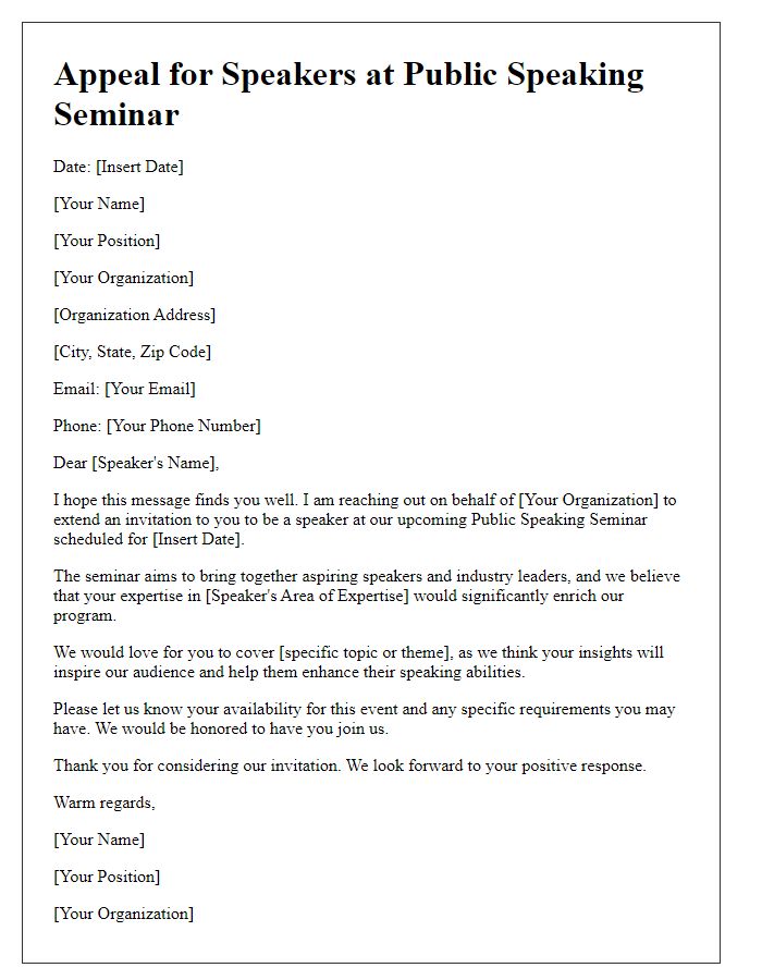 Letter template of appeal for speakers at public speaking seminar