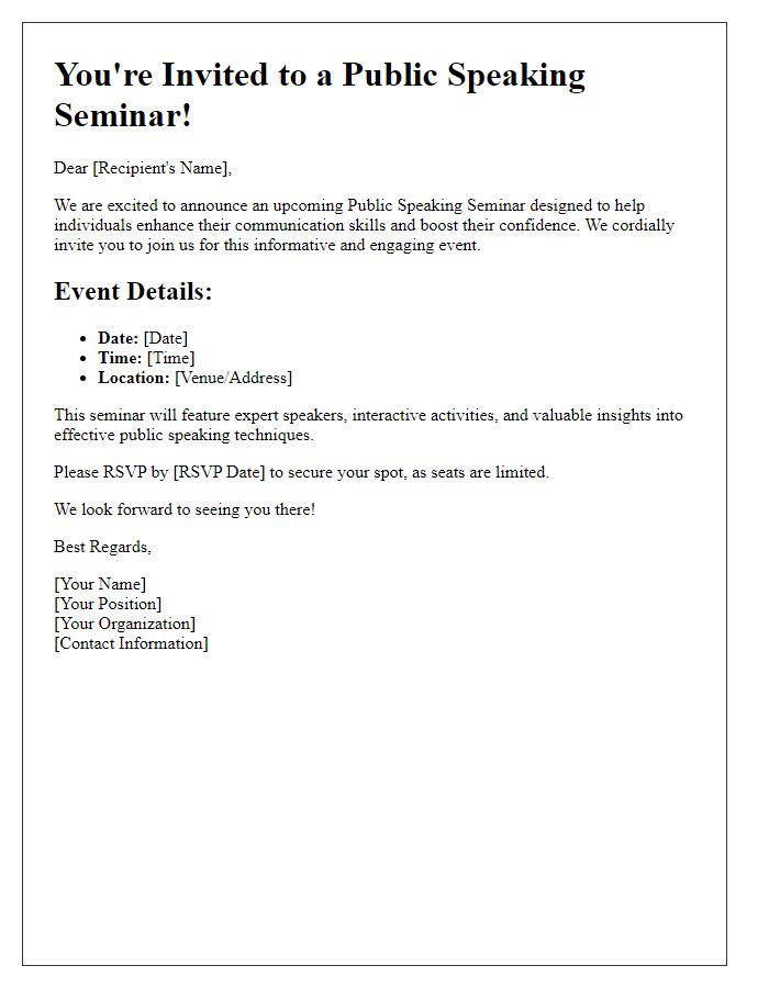 Letter template of call for attendees to public speaking seminar