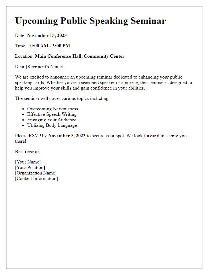 Letter template of notice for upcoming public speaking seminar