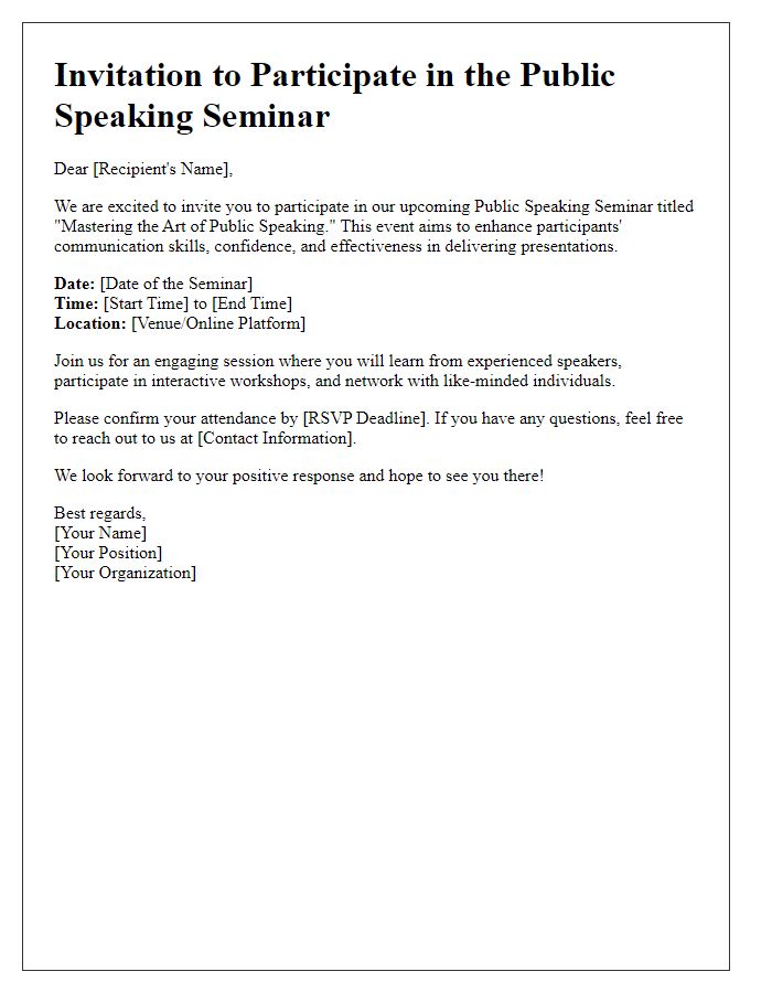 Letter template of participation invitation for public speaking seminar