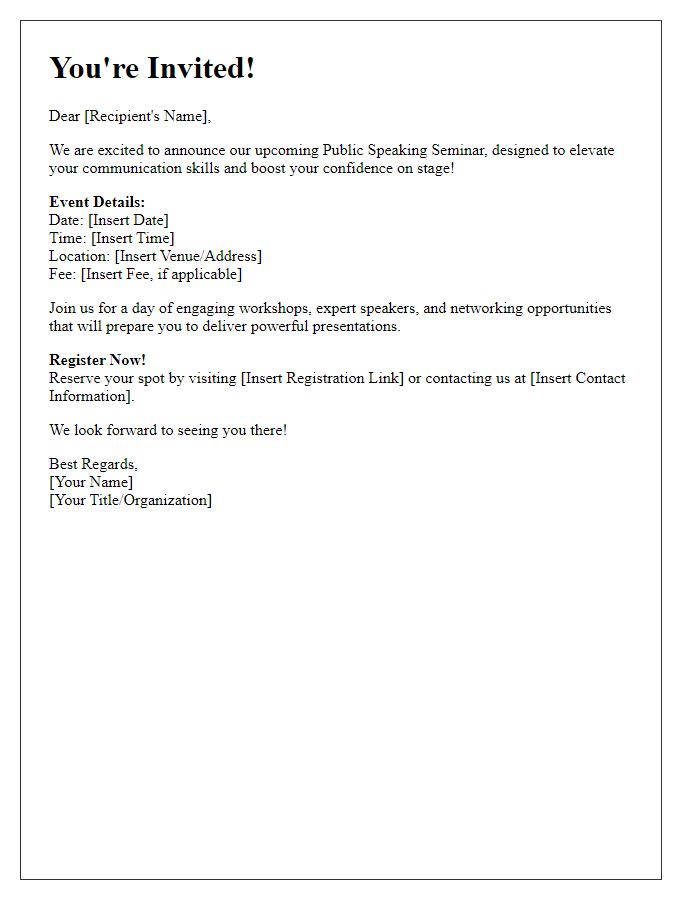 Letter template of promotional invite for public speaking seminar