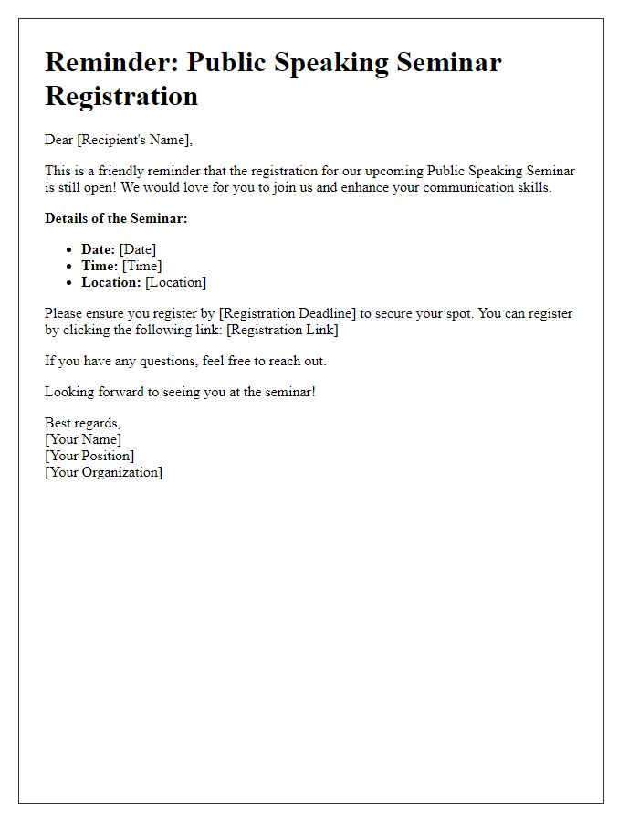 Letter template of reminder for public speaking seminar registration