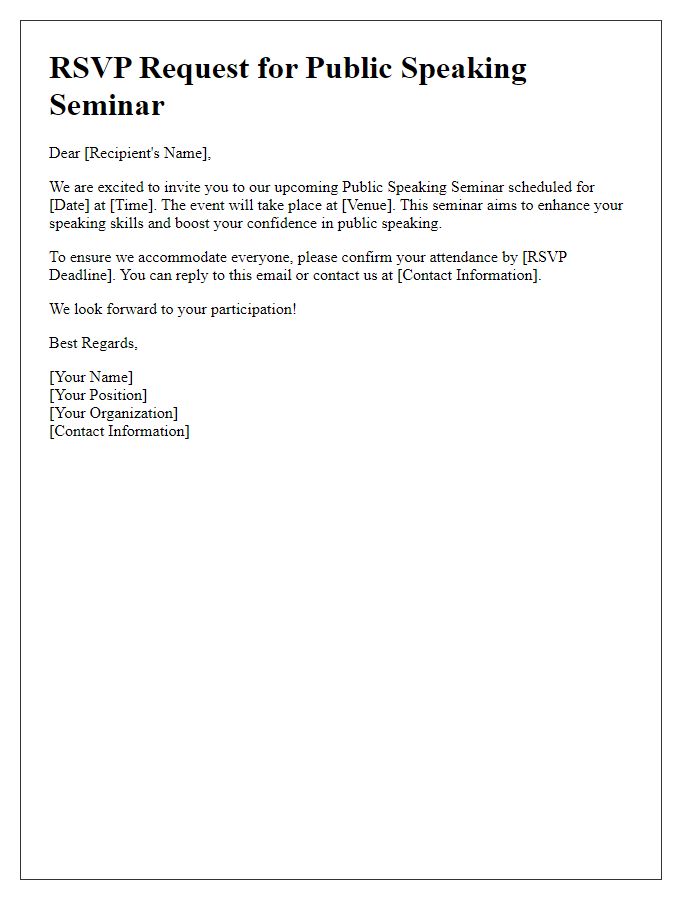 Letter template of RSVP request for public speaking seminar