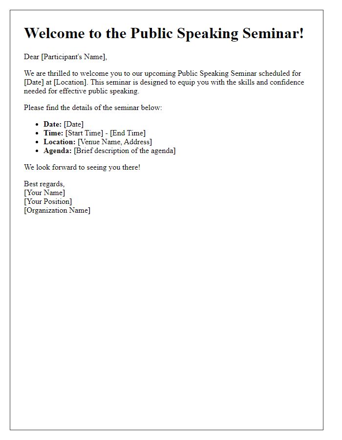 Letter template of welcome to public speaking seminar