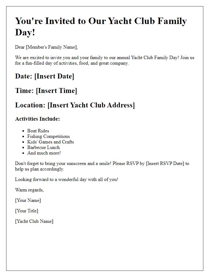 Letter template of yacht club family day invitation