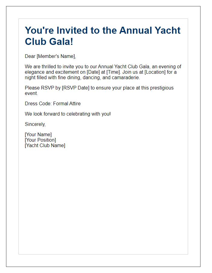 Letter template of yacht club gala invitation