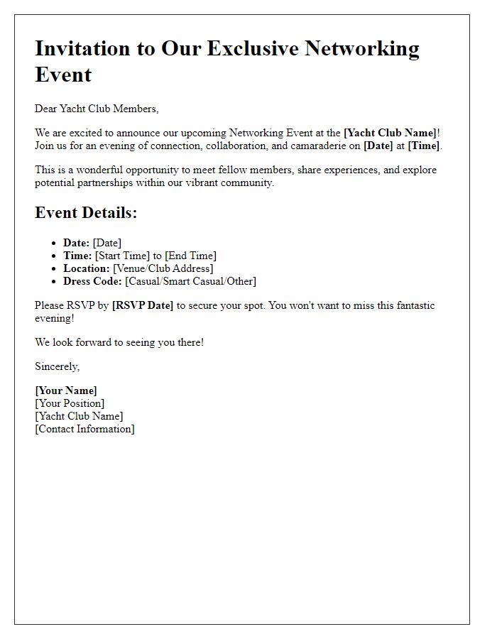 Letter template of yacht club networking event announcement