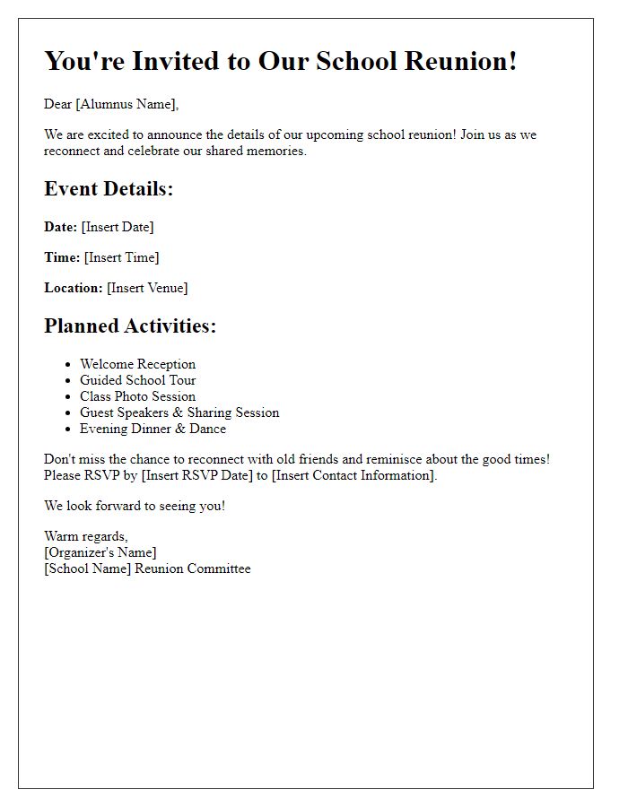 Letter template of school reunion invitation highlighting activities planned.