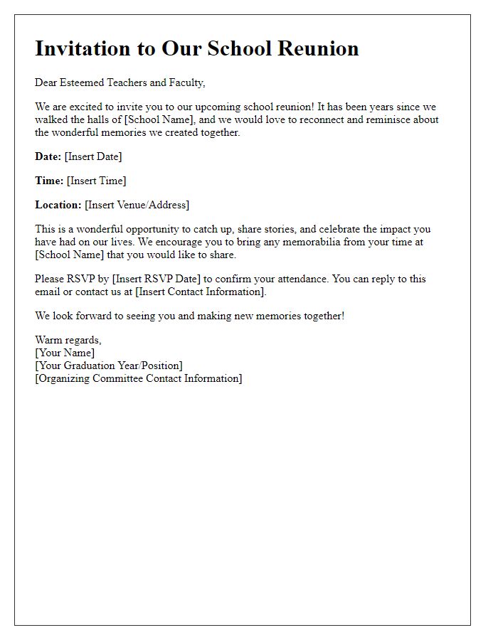 Letter template of school reunion invitation for teachers and faculty.