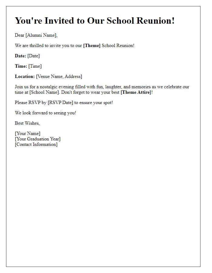 Letter template of school reunion invitation for a themed event.