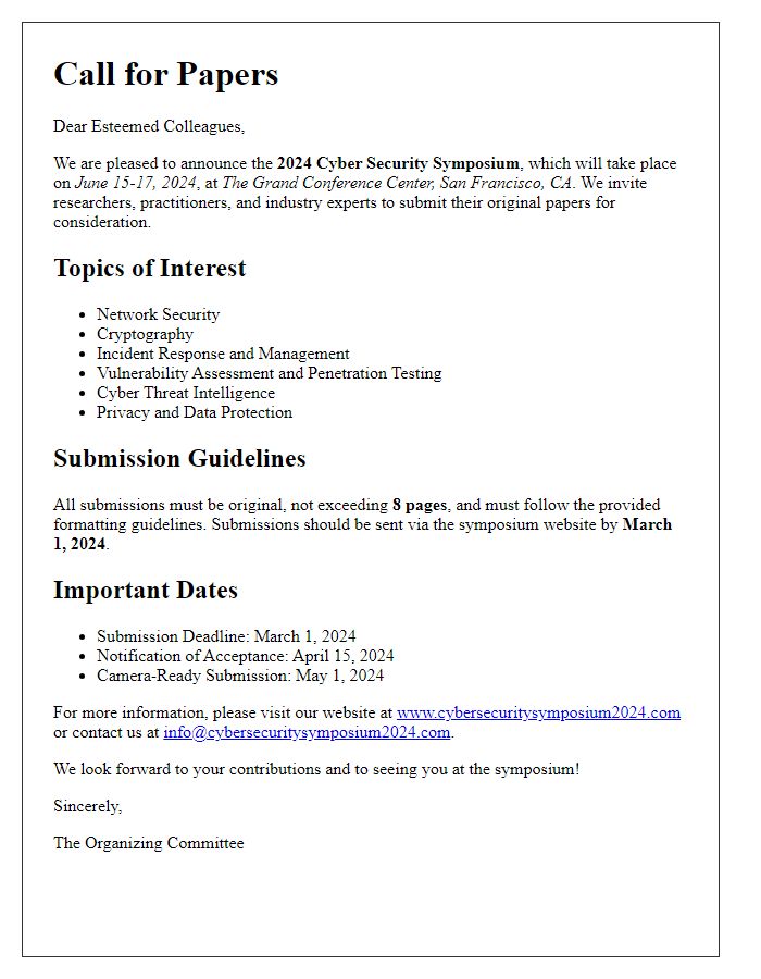 Letter template of call for papers for a cyber security symposium.