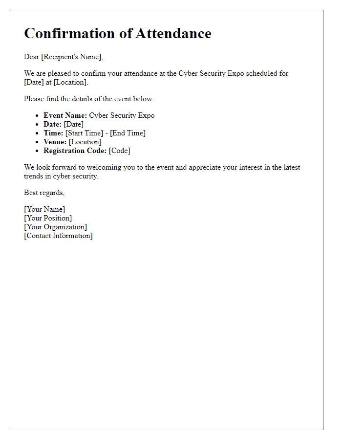 Letter template of confirmation for attendance at a cyber security expo.