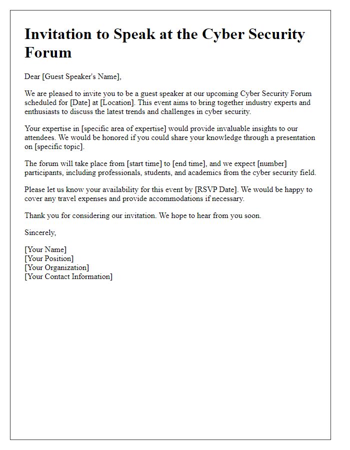 Letter template of guest speaker invitation for a cyber security forum.