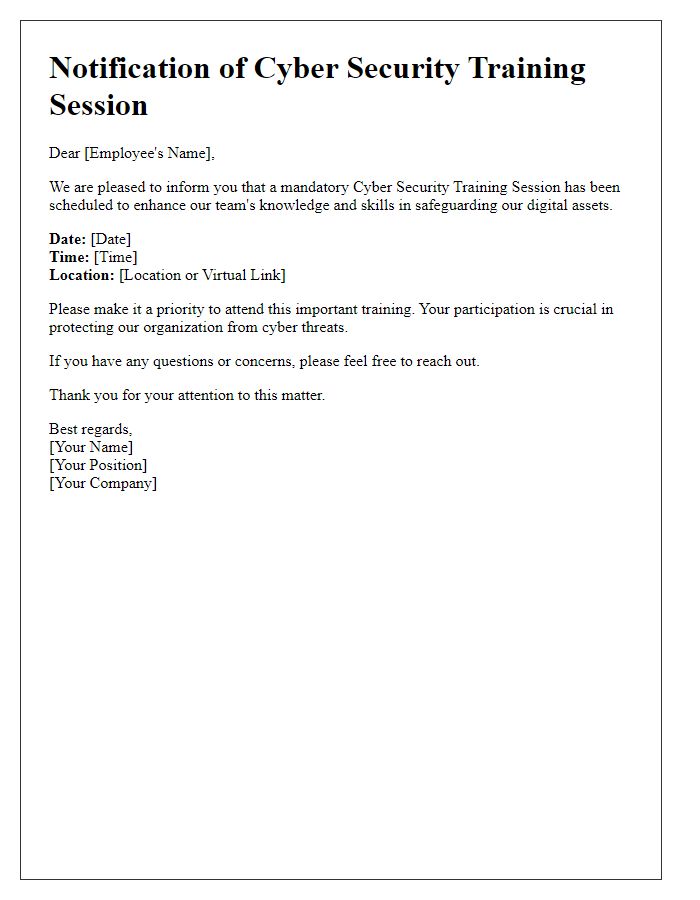 Letter template of notification for a cyber security training session.