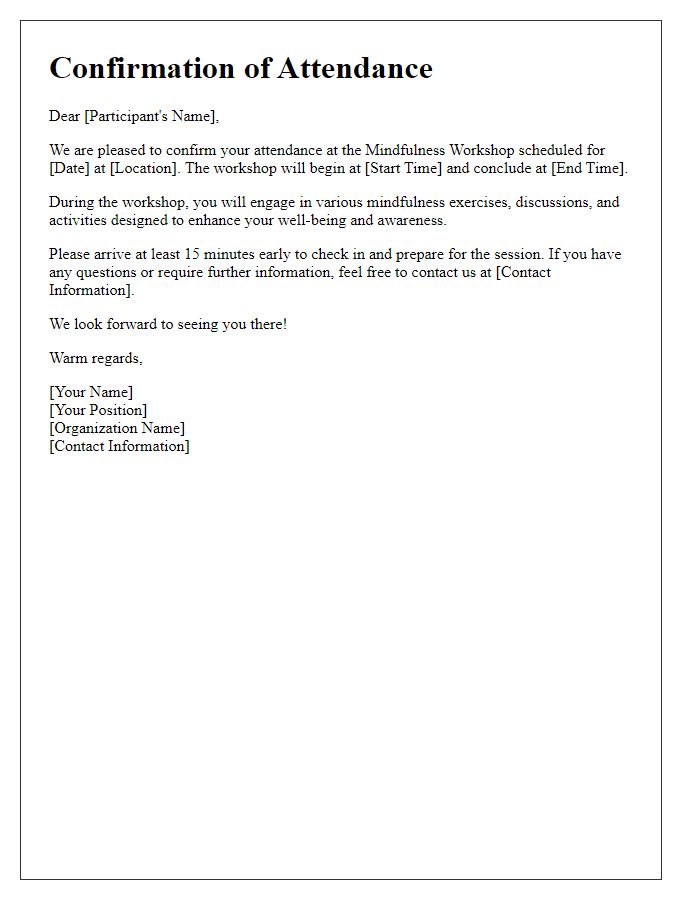 Letter template of confirmation for mindfulness workshop attendance