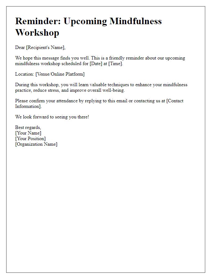 Letter template of reminder for upcoming mindfulness workshop