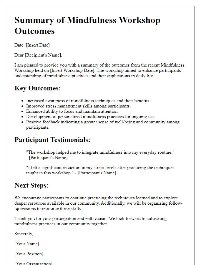 Letter template of summary of mindfulness workshop outcomes