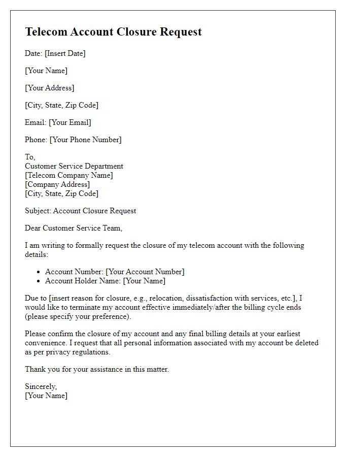 Letter template of telecom account closure request