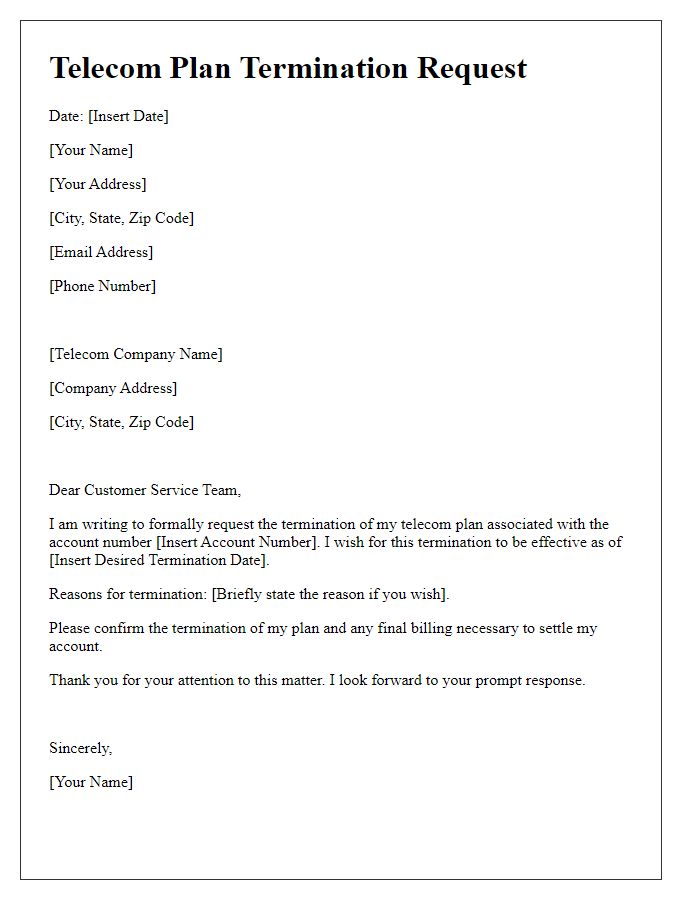 Letter template of telecom plan termination request