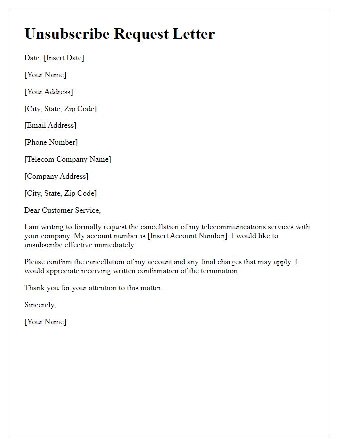 Letter template of telecom service unsubscribe request