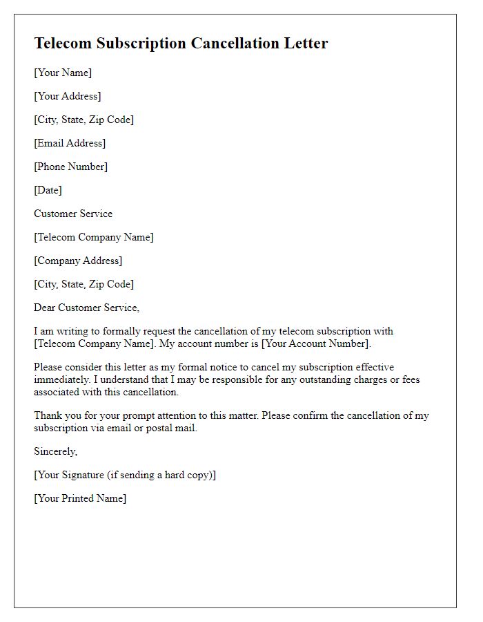 Letter template of telecom subscription cancellation