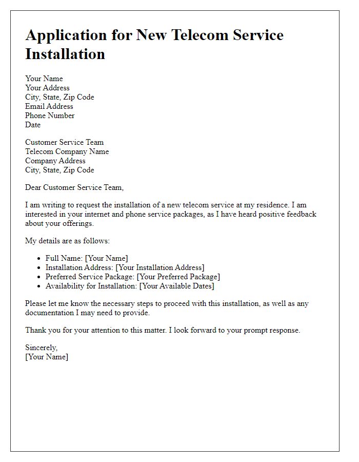 Letter template of application for new telecom service installation