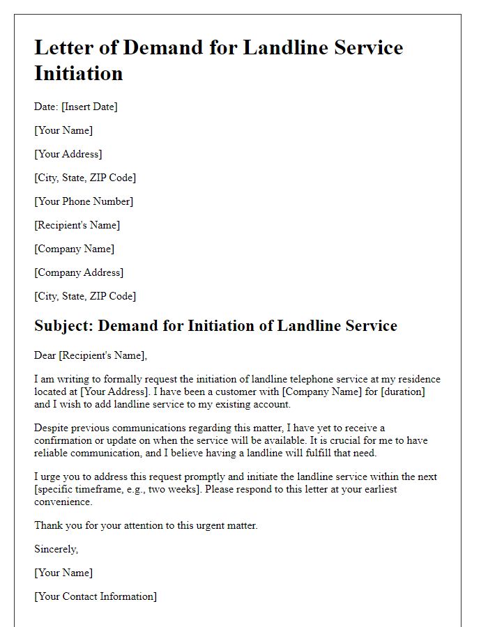 Letter template of demand for landline service initiation