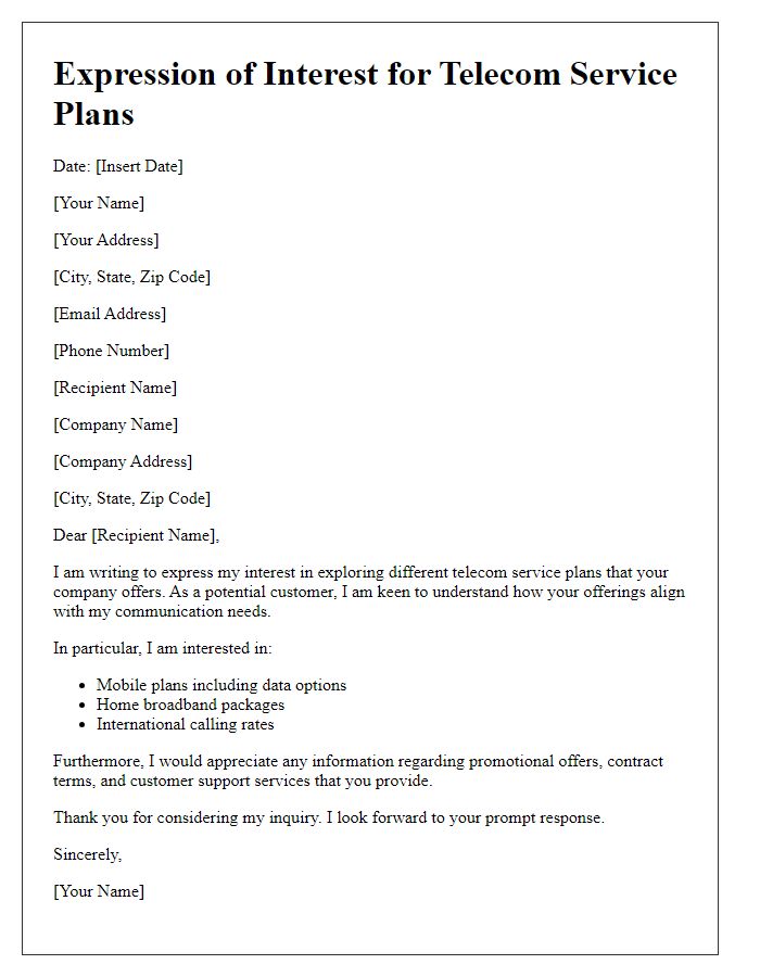 Letter template of expression of interest for telecom service plans