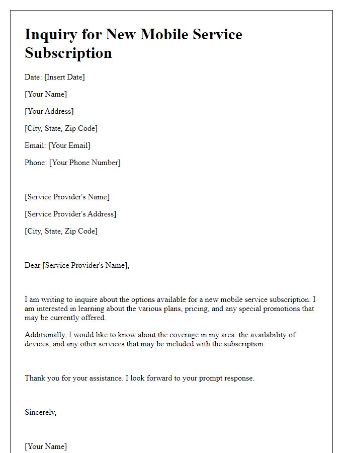 Letter template of inquiry for new mobile service subscription