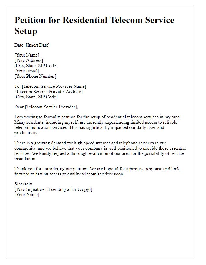 Letter template of petition for residential telecom service setup