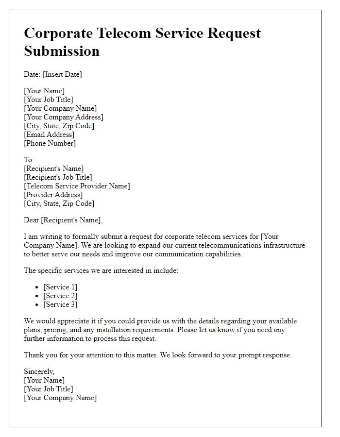 Letter template of submission for corporate telecom service request