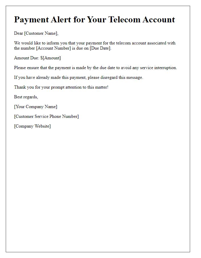 Letter template of telecom account payment alert