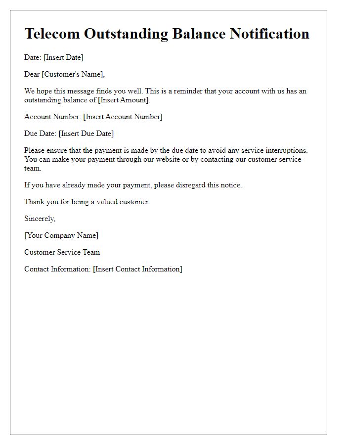 Letter template of telecom outstanding balance notification