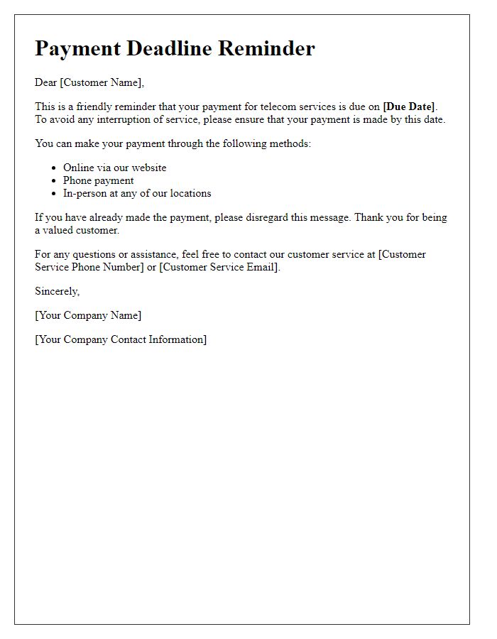 Letter template of telecom payment deadline reminder