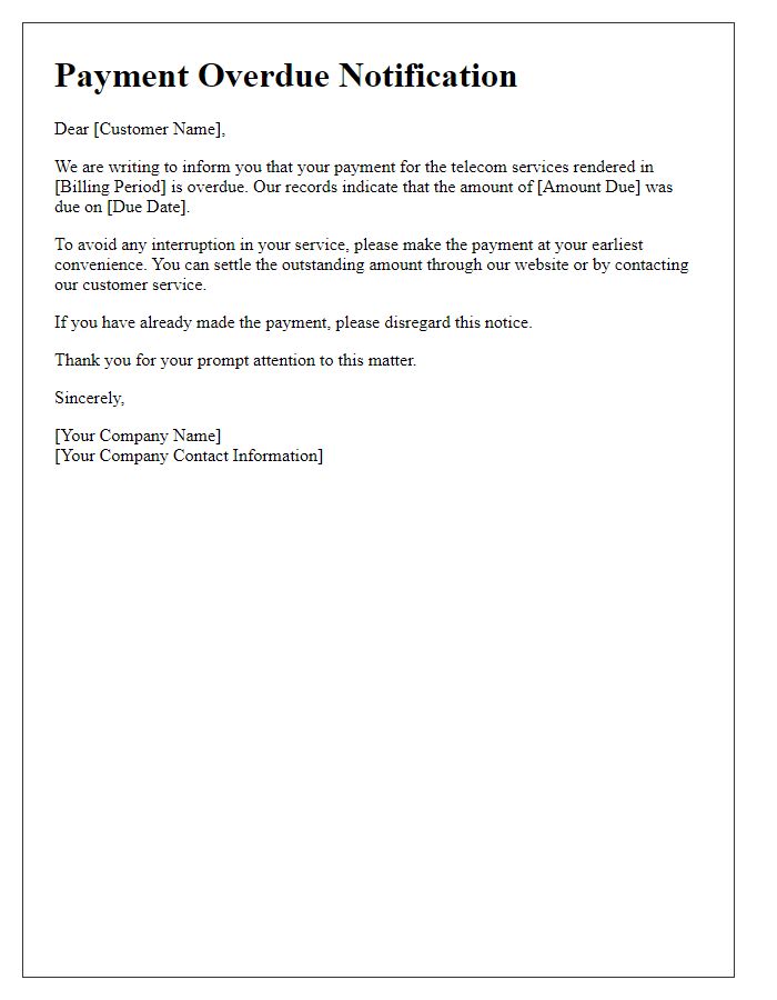 Letter template of telecom payment overdue notification
