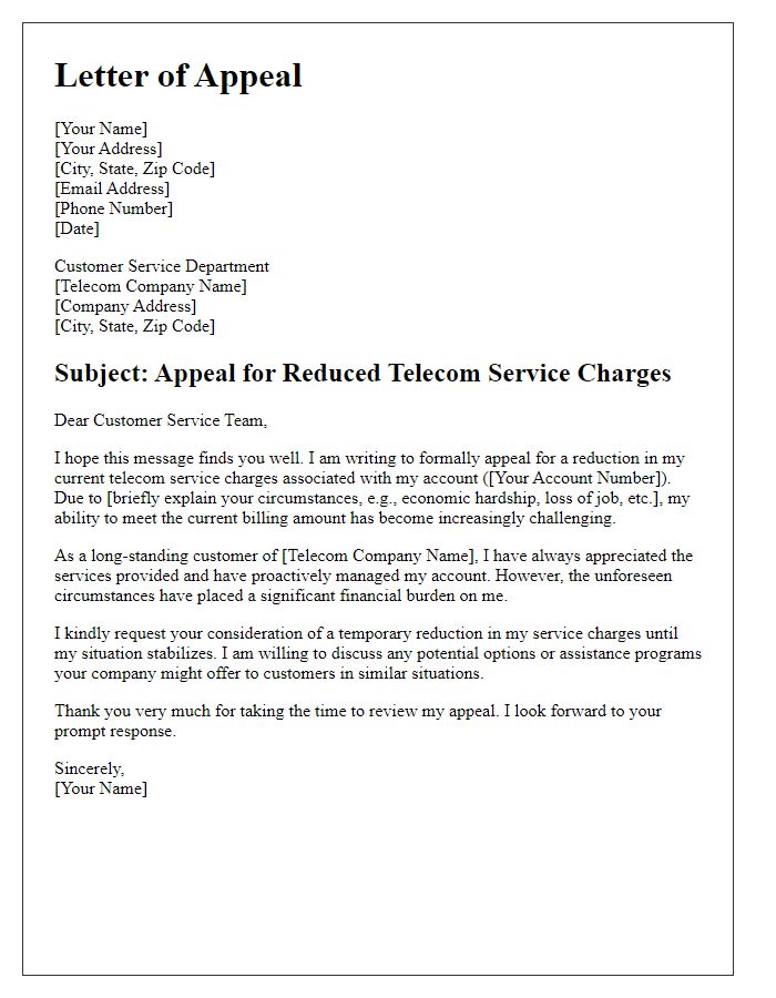 Letter template of appeal for reduced telecom service charges