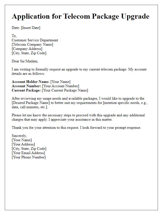 Letter template of application for telecom package upgrade