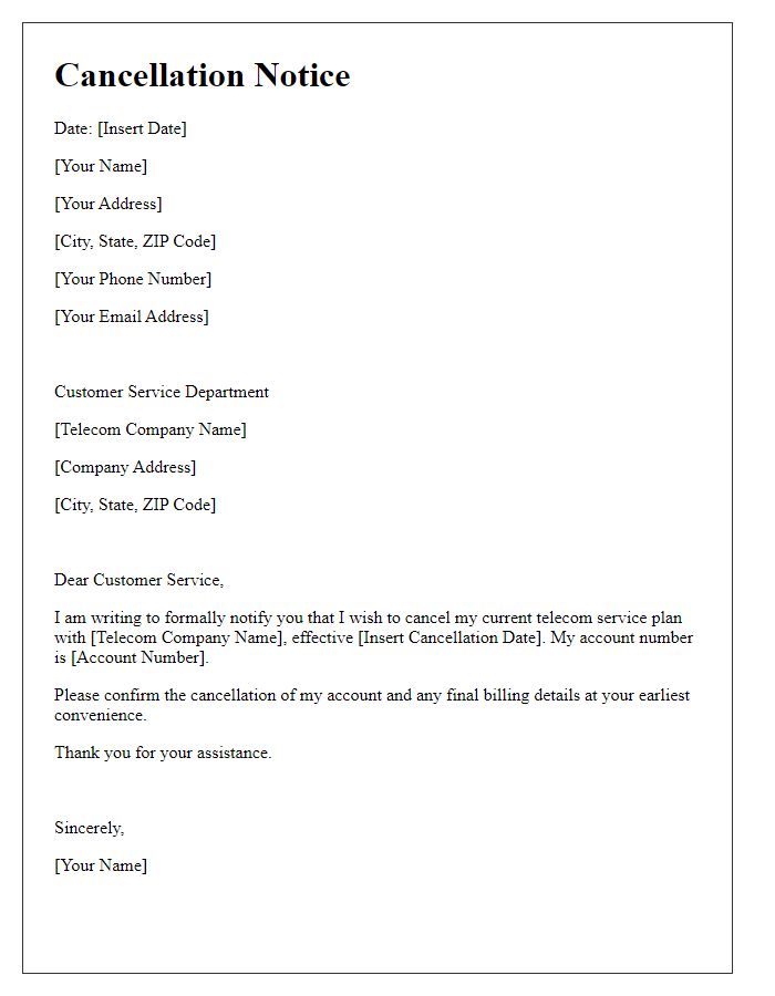 Letter template of cancellation notice for current telecom service plan