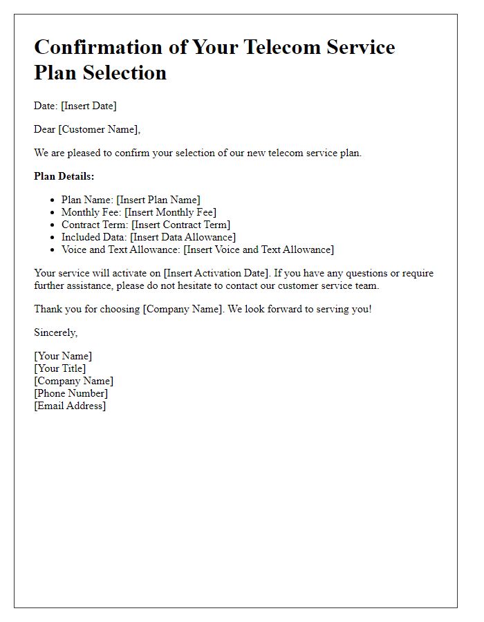 Letter template of confirmation for new telecom service plan selection