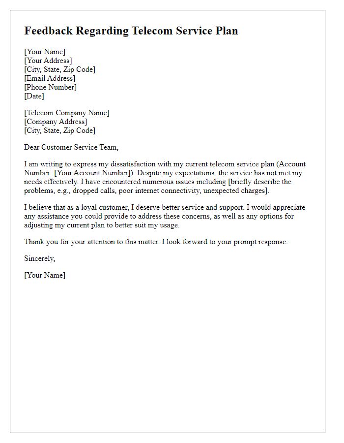 Letter template of feedback regarding telecom service plan dissatisfaction