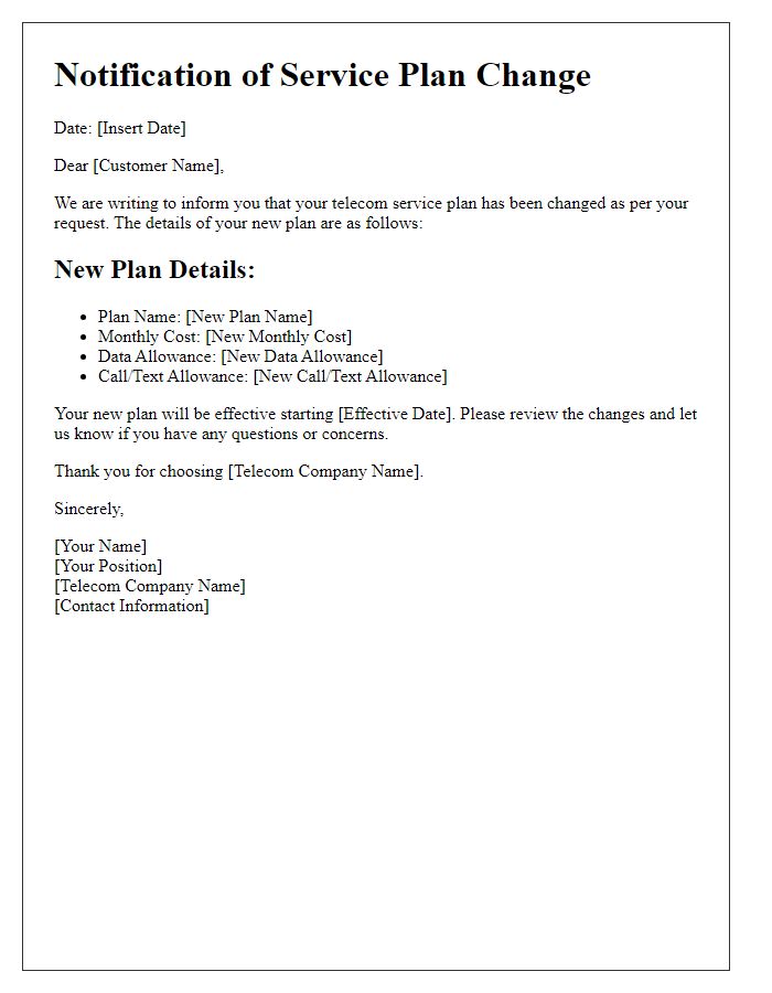 Letter template of notification for telecom service plan change