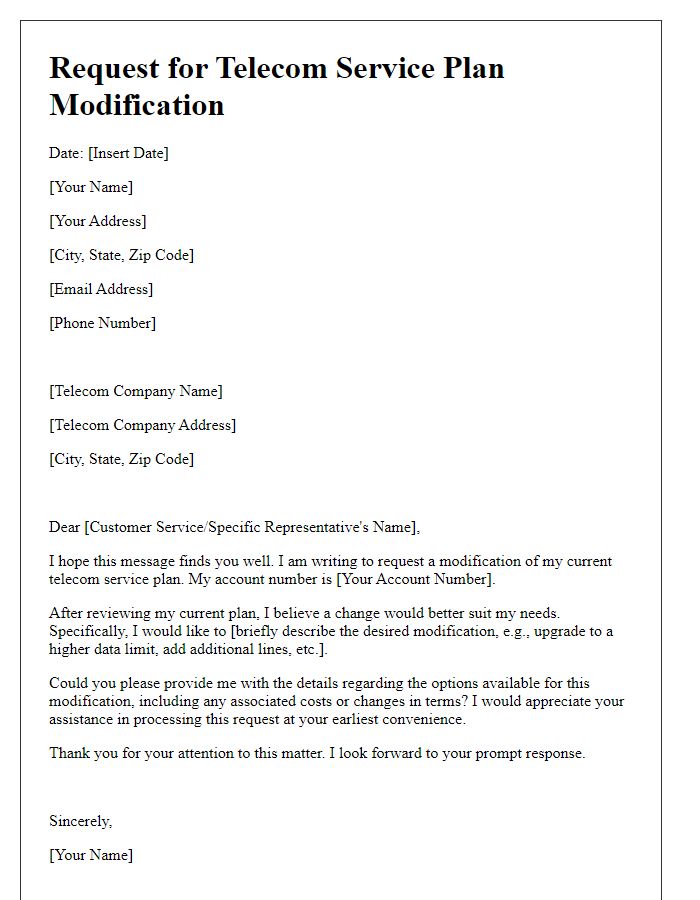 Letter template of request for telecom service plan modification