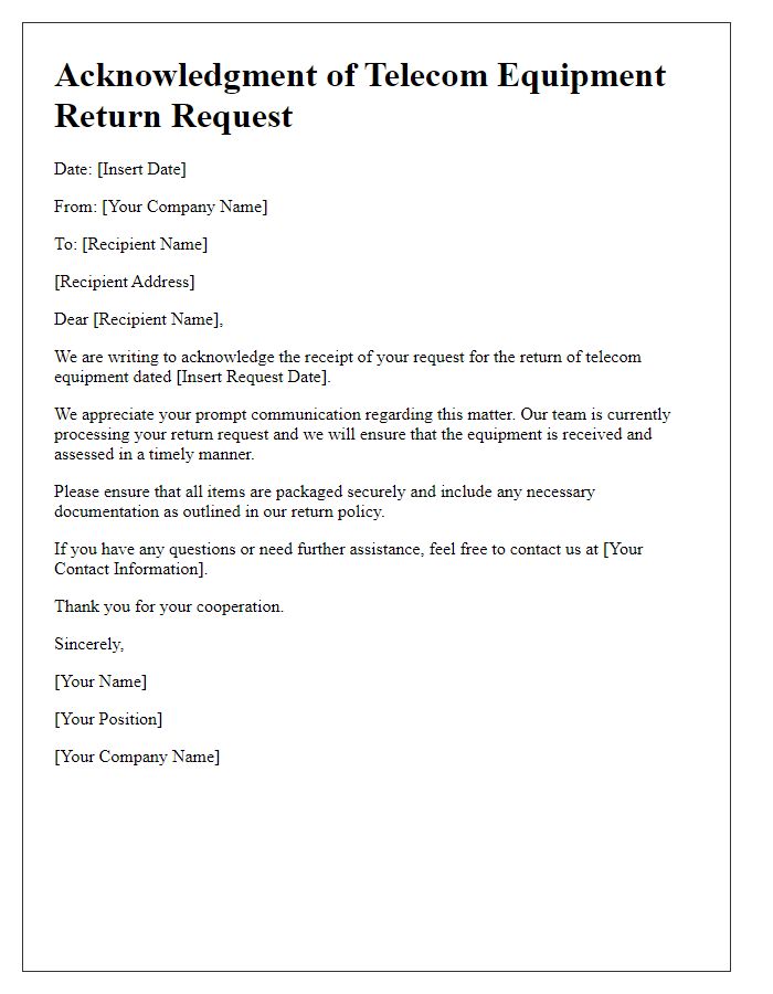 Letter template of Acknowledgment of Telecom Equipment Return Request